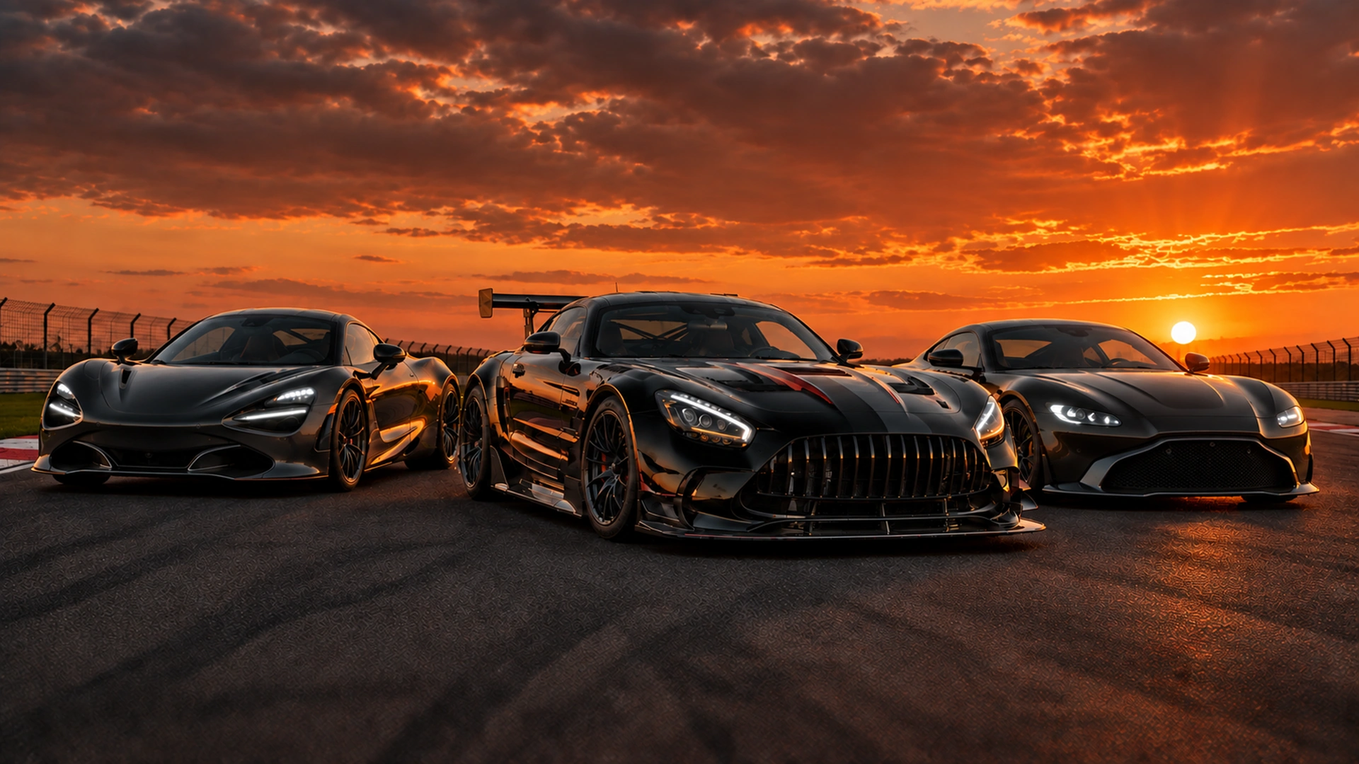 Three performance cars on a circuit at sunset